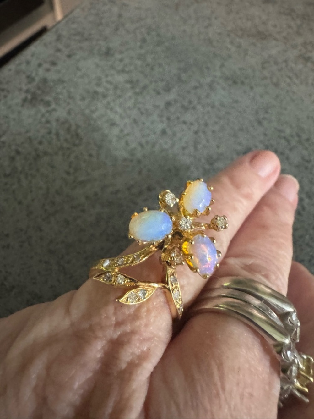 14K Fire Opal and Diamond Floral Ring